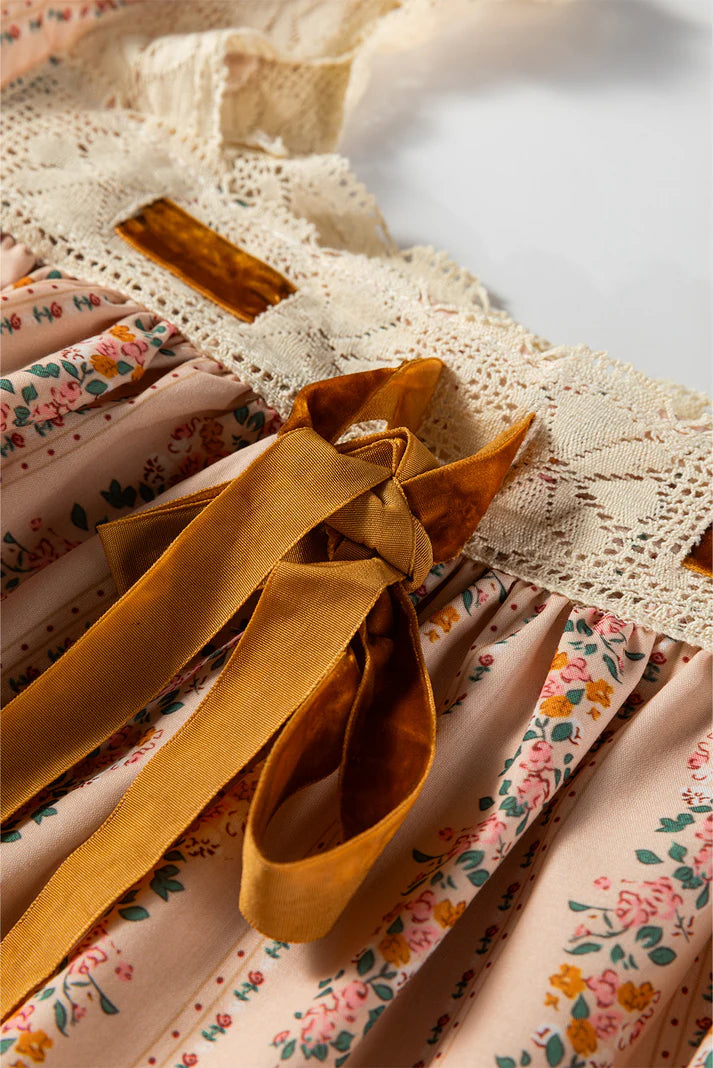 Floral Velvet Bow Loose Mini Dress