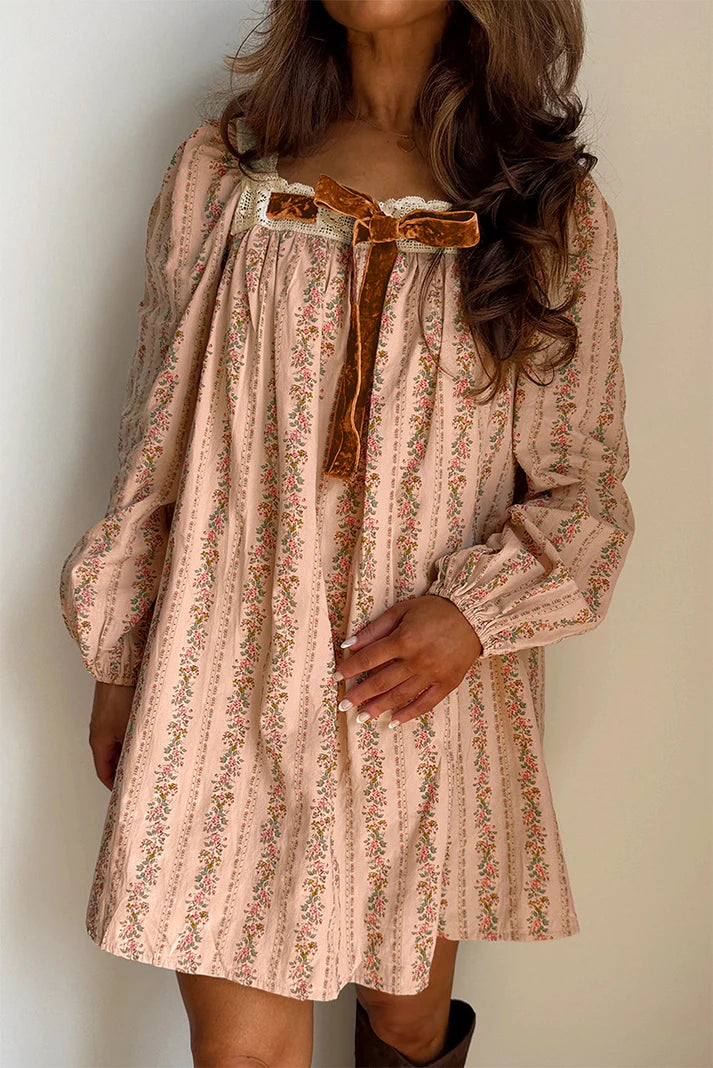 Floral Velvet Bow Loose Mini Dress