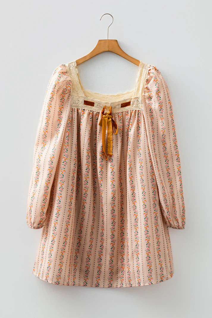 Floral Velvet Bow Loose Mini Dress