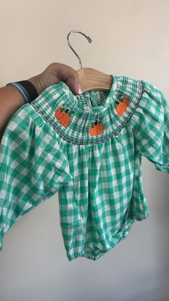 Pumpkin Smocked Gingham Bubble RTS