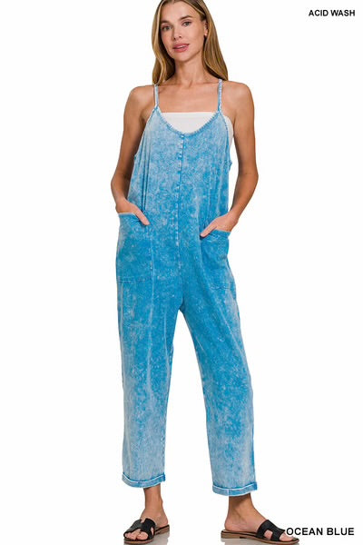 Zenana - Washed Spaghetti Strap Overalls