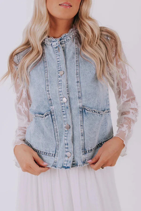 Scalloped Pocket Denim Vest